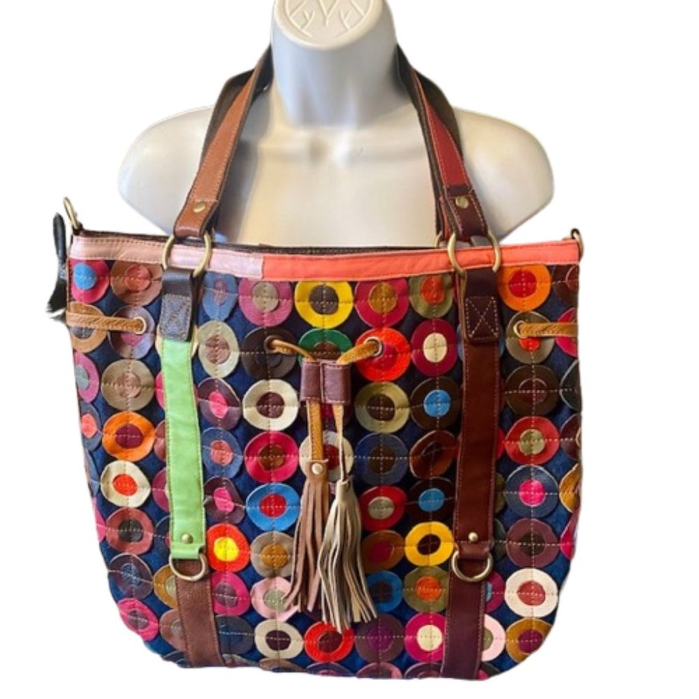 AmeriLeather Lloyd Shoulder Tote Patchwork Circles and Striped Leather Multi